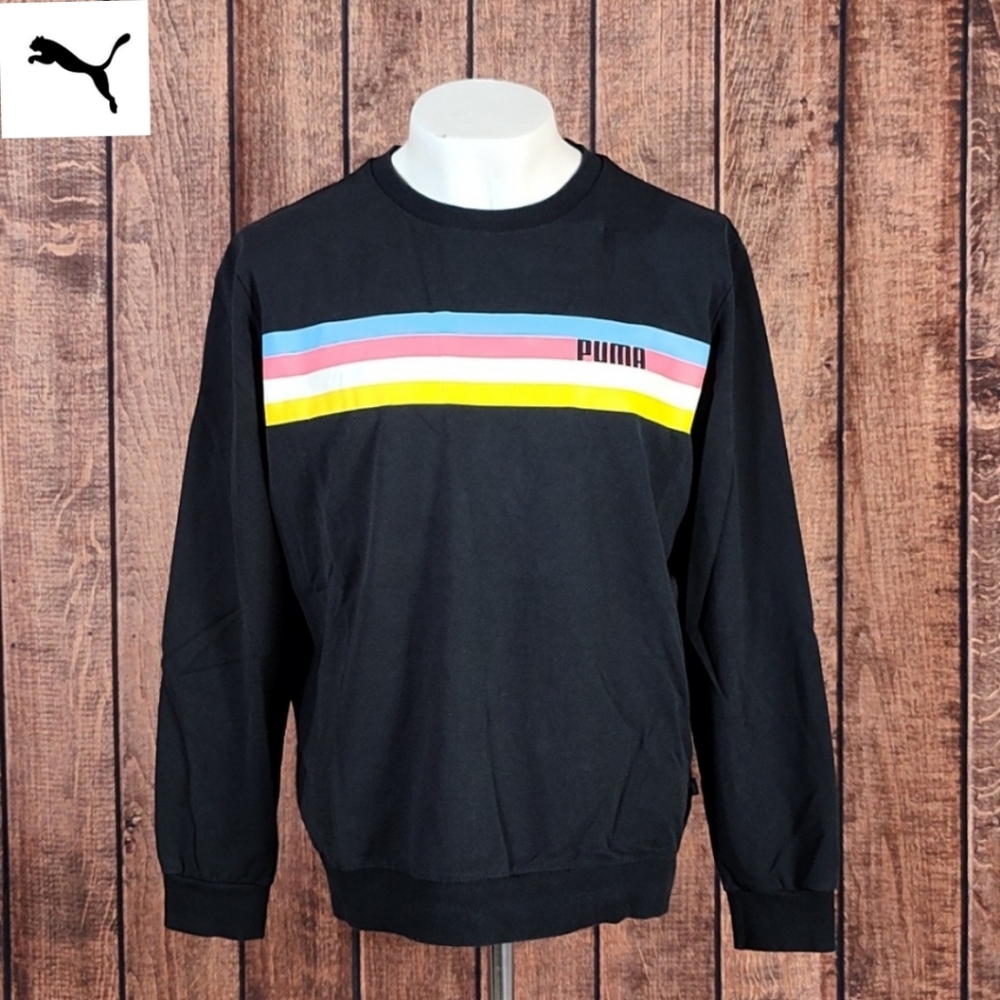 Puma Mens Black Sweatshirt With Retro Chest Stripes Excellent Condition